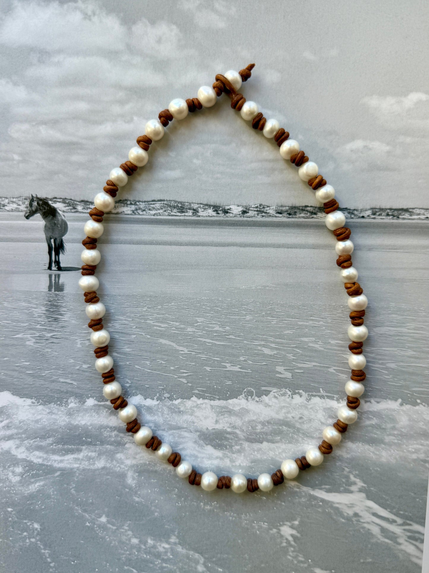 "Seaside" Leather Pearl Necklace- off white