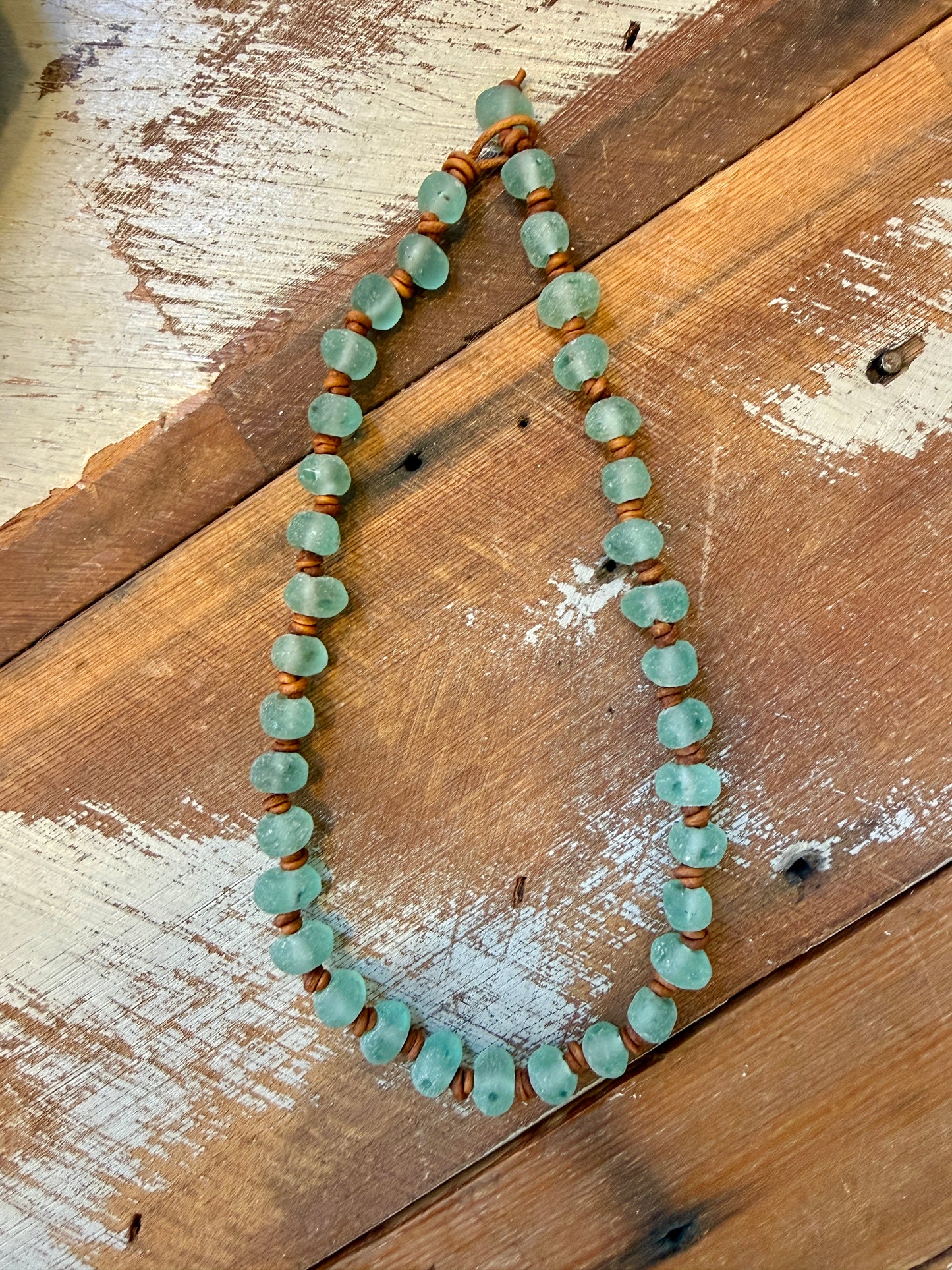 "Rockport" Sea glass and leather knotted Necklace- green