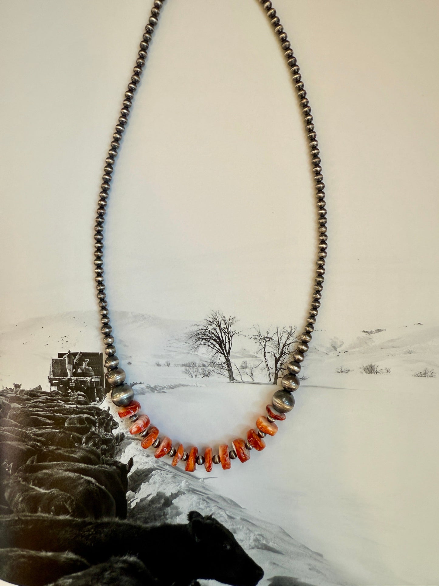 Necklace with orange beads against a snowy landscape background