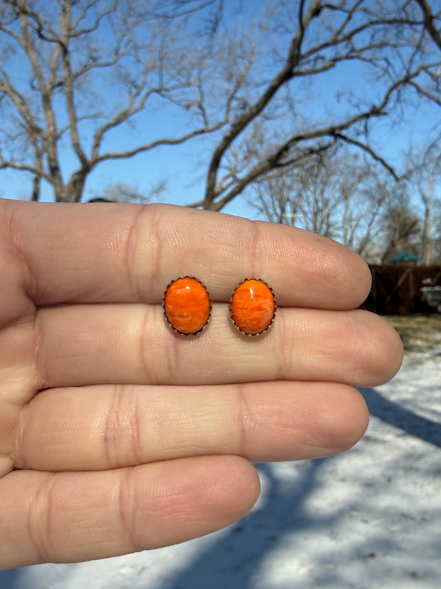 Oval Orange Spiny Oyster Handmade Stud Earrings