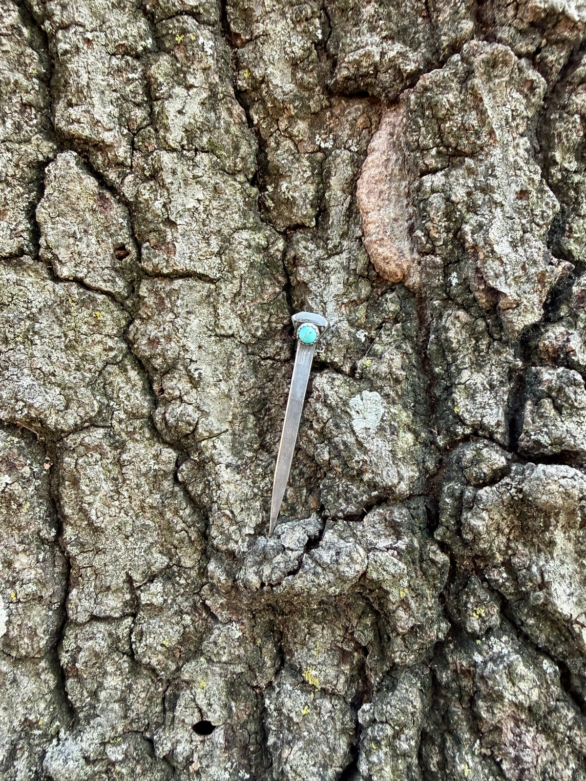 Horseshoe nail hat pin with turquoise