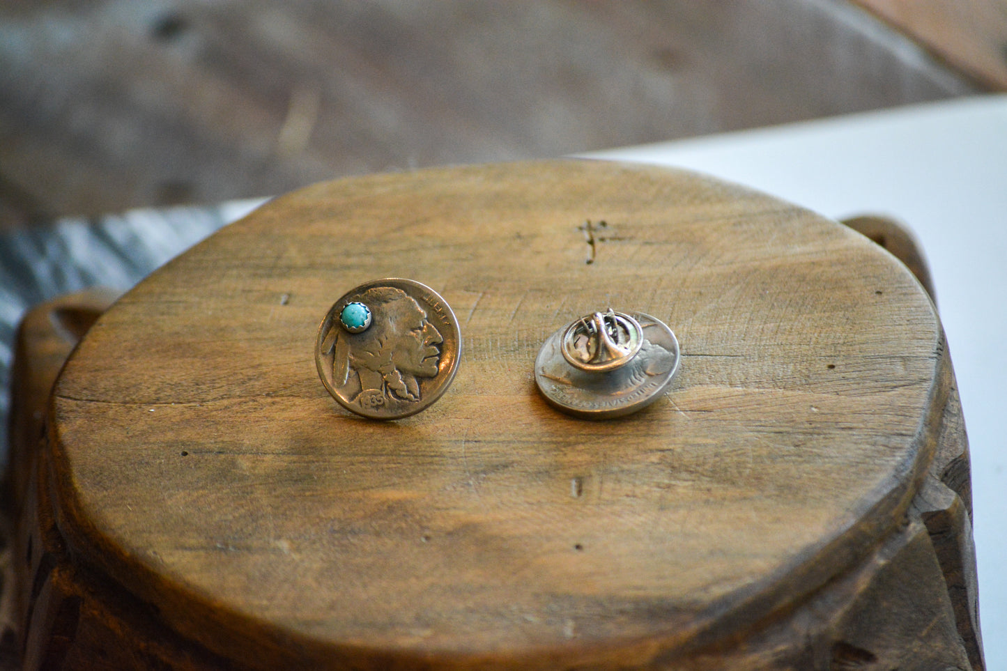 Handmade Buffalo Nickel (Indian head side) Pin with Kingman Turquoise