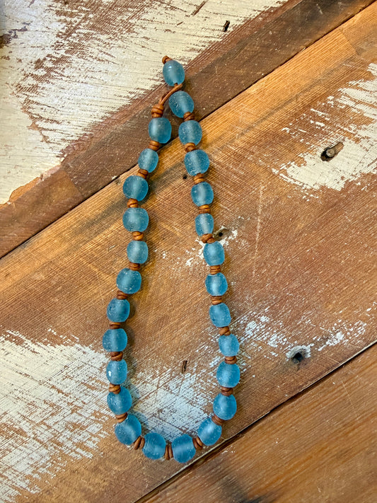 "Port A" Sea glass and leather knotted Necklace- blue