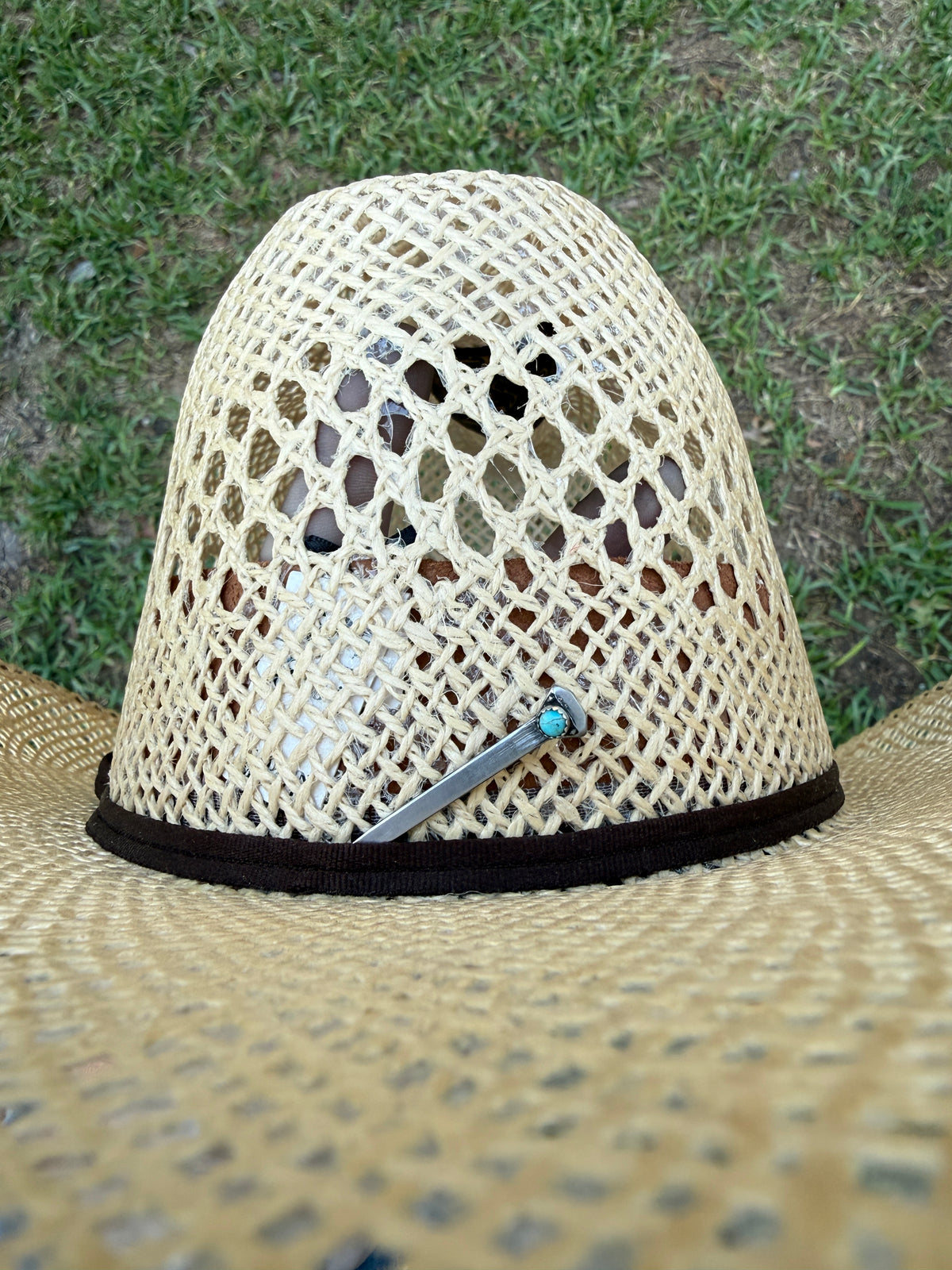 Horseshoe nail hat pin with turquoise