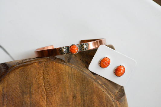 Oval Orange Spiny Oyster Handmade Stud Earrings