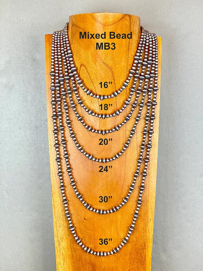 Set of mixed bead necklaces on a wooden stand with measurements.