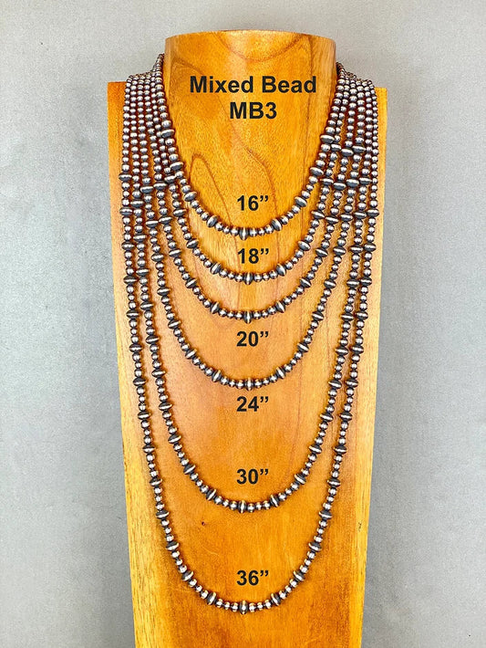 Set of mixed bead necklaces on a wooden stand with measurements.